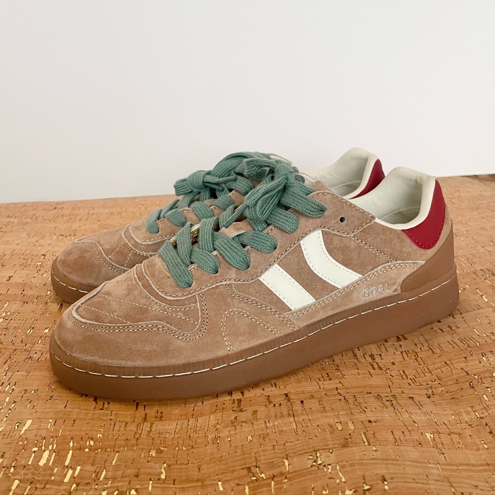 Coolway Beige Suede Athletic Sneakers with White Stripes and Red Accent